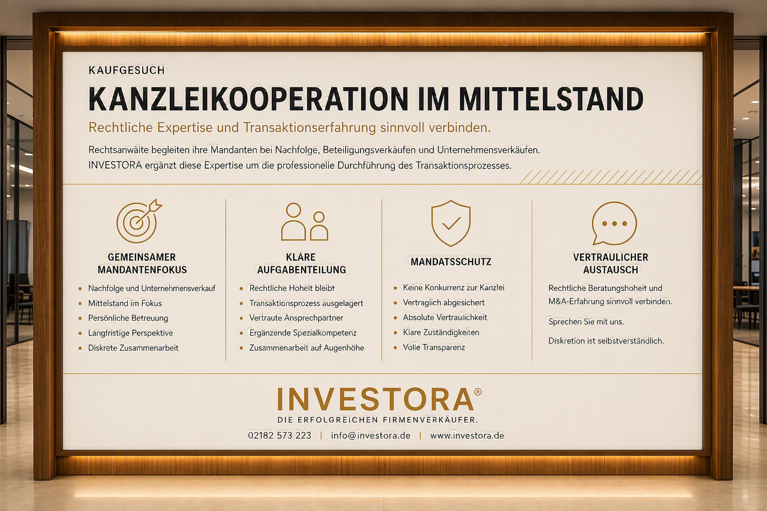 M&A-Transaktionen im Mittelstand – rechtliche Expertise und Transaktionserfahrung sinnvoll verbinden Unternehmensverkäufe rechtlich absichern. Mandanten umfassend begleiten. Rechtsanwälte werden häufig frühzeitig eingebunden, wenn Unternehmer beginnen, sich mit Nachfolge, Beteiligungsverkäufen oder einem Unternehmensverkauf auseinanderzusetzen. Neben den rechtlichen Anforderungen entsteht dabei regelmäßig ein zusätzlicher Bedarf: die professionelle Vorbereitung und operative Durchführung des Verkaufsprozesses. INVESTORA ergänzt die anwaltliche Beratung hierbei als spezialisierter Partner für Unternehmensverkäufe im Mittelstand.