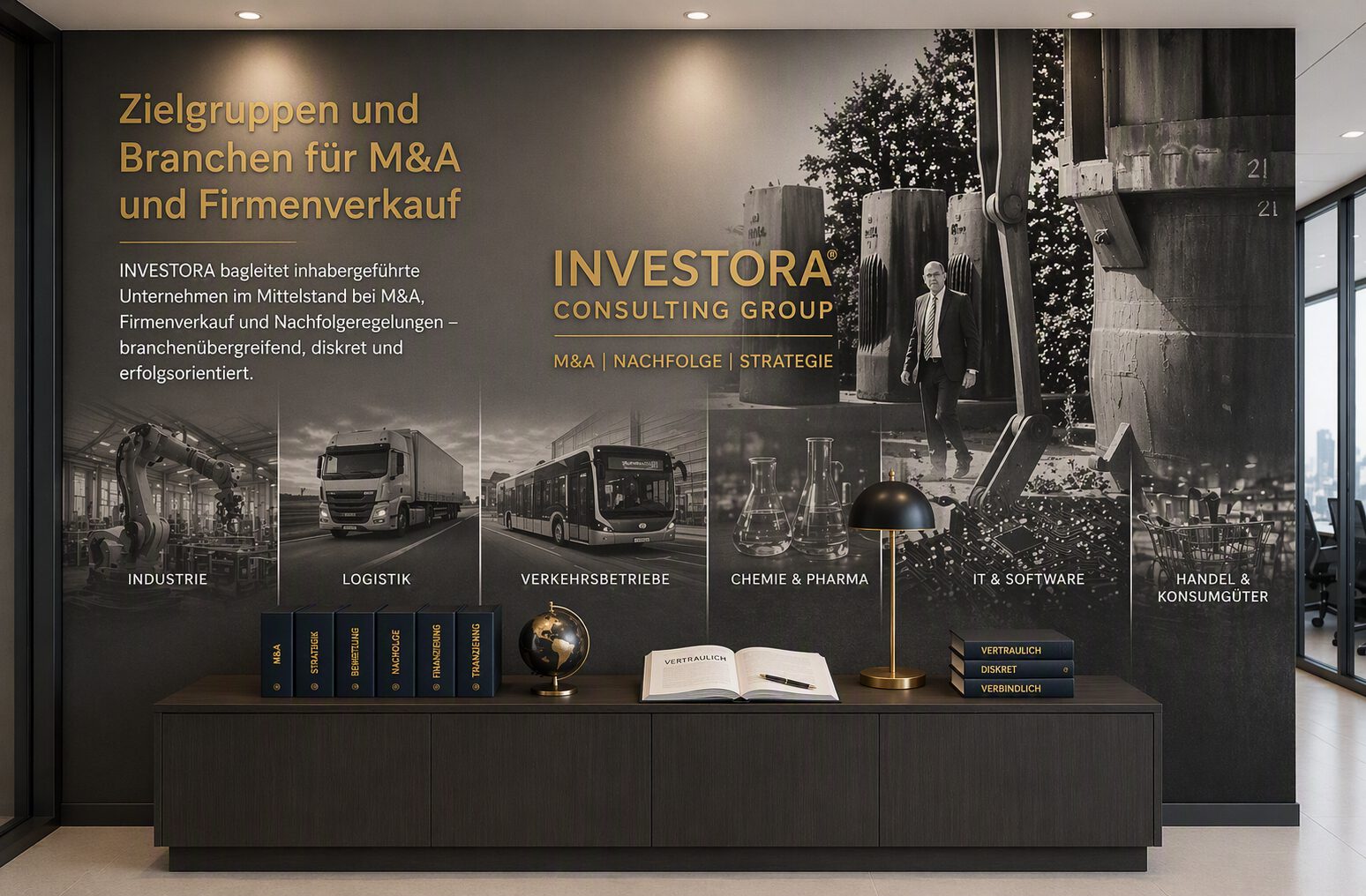 Zielgruppen und Branchen für M&A und Firmenverkauf INVESTORA ist seit 2004 die etablierte M&A-Expertise für den inhabergeführten Mittelstand. Wir steuern den diskreten Firmenverkauf und strukturierte Nachfolgeregelungen über ein breites Branchenspektrum hinweg. Mit tiefem Marktverständnis und operativer Umsetzung führen wir Transaktionen im gesamten deutschsprachigen Raum und im spanischsprachigen Wirtschaftsraum zielsicher zum Closing. Branchenspezifische Expertise für die zielorientierte Transaktion Ein erfolgreicher Unternehmensverkauf erfordert weit mehr als Standardprozesse – er verlangt exakte Kenntnis der jeweiligen Marktmechanismen, Bewertungskriterien und potenziellen Käuferstrukturen. INVESTORA realisiert maßgeschneiderte Transaktionsstrategien, die exakt auf die Besonderheiten der jeweiligen Industrie-, Handels- oder Dienstleistungssektoren abgestimmt sind. Durch unsere jahrzehntelange Erfahrung im Mid-Cap-Segment sprechen wir die Sprache der jeweiligen Branche und verhandeln mit strategischen Investoren sowie Family Offices auf Augenhöhe. Wir schreiben keine theoretischen Gutachten, sondern bringen Angebot und Nachfrage diskret und rechtssicher zusammen. Präzise Marktansprache für maximale Ergebnisse Die individuelle und hochgradig vertrauliche Ansprache potenzieller Käufer optimiert den gesamten Transaktionsprozess und schützt die laufenden Betriebsstrukturen vor unruhevollen Markteinflüssen. Entdecken Sie in unserer umfassenden Branchenübersicht die Segmente, in denen wir als erfahrene Firmenverkäufer Werte sichern und Ihr Lebenswerk erfolgreich übergeben:
